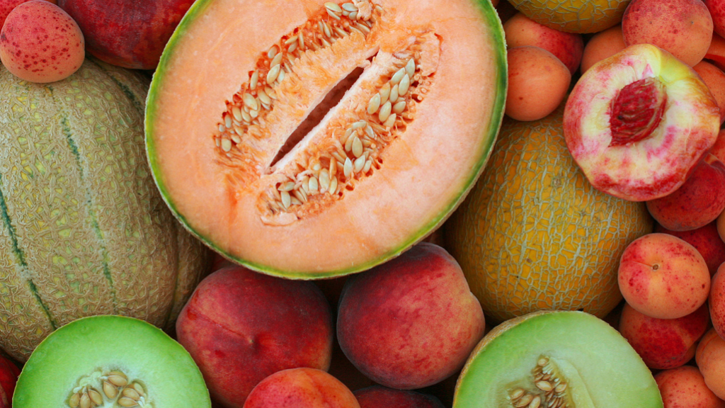 Melon et abricots dont certains ouverts, laissant apercevoir l'intérieur, avec pépins. calendrier des fruits et légumes d'été