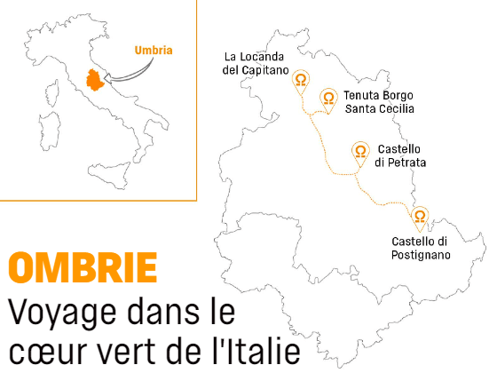 La carte qui montre l'itinéraire du voyage en Ombrie conseillé par Teritoria