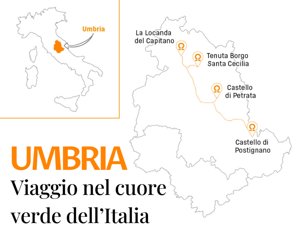 La mappa che mostra l'itinerario per il viaggio in Umbria consigliato da Teritoria